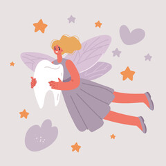 Vector illustration of little tooth fairy princess girl with a tooth.