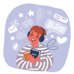 Vector illustration of little boy in headphones connected to audio book. Concept of online application or media player for listening to digital audiobooks and podcasts.