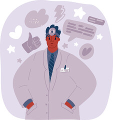 Vector illustration of black male doctor with stethoscope wearing a white coat