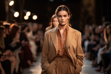 Photo of models walking down a runway during a fashion show. Generative Ai.