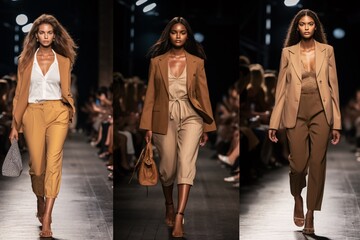 Photo of models walking down a runway during a fashion show. Generative Ai.