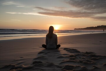 Fototapeta premium Photo of woman practicing mindfulness, meditation and yoga in peaceful environment beach.