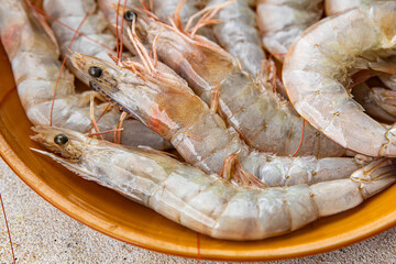 shrimps raw seafood prawn healthy meal food snack on the table copy space food background rustic top view