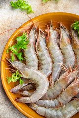 shrimps raw seafood prawn healthy meal food snack on the table copy space food background rustic top view