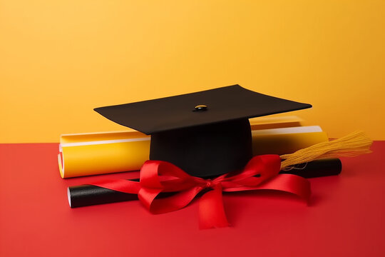 chap&eacute;u e canudo de formatura em fundo amarelo 