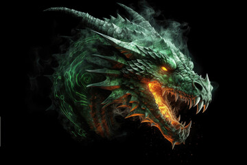 Illustration of green wooden fire breathing dragon head isolated on black background. Symbol of 2024. Chinese New Year. Dragon image. High definition. Generative AI, human enhanced