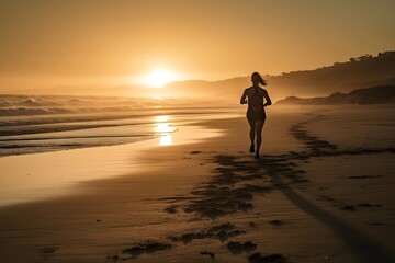 Fototapeta na wymiar Running by the Beach: A woman running along the beach during sunrise or sunshine. Generative Ai.