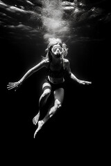 Obraz na płótnie Canvas mulher mergulhando debaixo d'água, bela composição de fotos em preto e branco