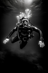 mulher  mergulhando debaixo d'água, bela composição de fotos em preto e branco