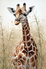 Obraz premium Beautiful portrait with a giraffe in the nature with flowers sunround. Generative AI