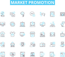 Market promotion linear icons set. Campaign, Advertisement, Branding, Promotion, Engagement, Strategy, Leads line vector and concept signs. Conversion,Traffic,Exposure outline illustrations