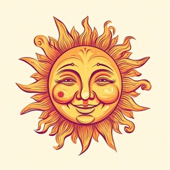 Illustration of a sun with face on a colored background. Generative AI