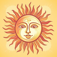 Illustration of a sun with face on a colored background. Generative AI