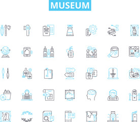 Museum linear icons set. Artifacts, Exhibits, Gallery, Archaeology, History, Memorabilia, Sculpture line vector and concept signs. Antiquities,Collections,Architecture outline illustrations