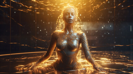 Fototapeta na wymiar Bela sereia dourada brilhante de corpo inteiro nadando consciência subaquática conectada ao sol 