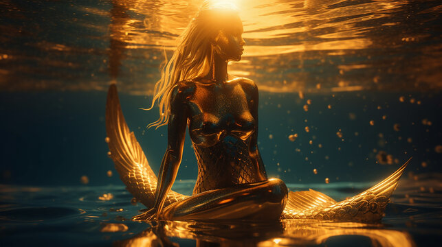 Bela sereia  dourada brilhante de corpo inteiro nadando consciência subaquática conectada ao sol 