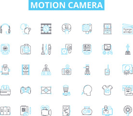 Motion camera linear icons set. Action, Adventure, Waterproof, Durability, Quality, Biking, Hiking line vector and concept signs. Mountaineering,Surfing,Snowboarding outline illustrations