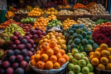 Vibrant images of fresh fruits and vegetables in a market. Generative Ai.