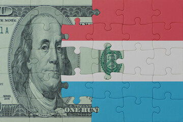 puzzle with the national flag of luxembourg and dollar money banknote. macro.concept.