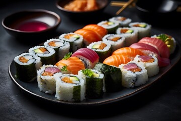 Vibrant images of fresh sushi rolls, arranged artfully on a plate. Generative Ai.