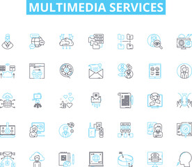 multimedia services linear icons set. Animation, Audio, Branding, Cinematography, Content, Design, Editing line vector and concept signs. Flash,Graphics,Images outline illustrations