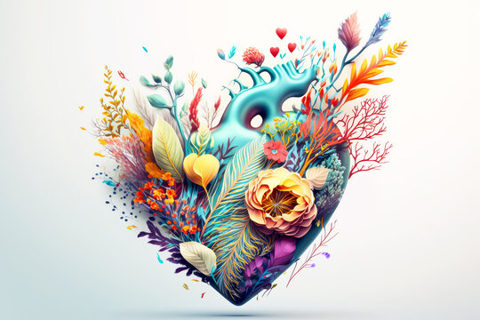 Human heart with flowers. Illustration for World Heart Day. Love, heart health, emotion, softhearted, unselfish concept. Generative ai.