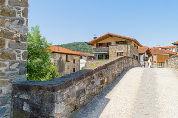 Obraz premium Puente romano con viviendas medievales