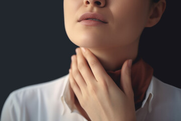 Sore throat, closeup of a woman's hand on a painful throat. Generative AI