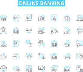Online banking linear icons set. Secure, Convenient, Accessible, Mobile, Digital, Efficient, Safe line vector and concept signs. Trusrthy,Fast,Reliable outline illustrations