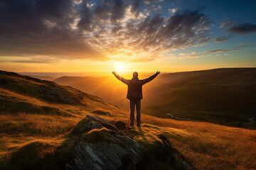 Fototapeta premium homem comemorando vitória em por do sol 
