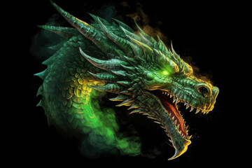 Obraz na płótnie Canvas Illustration of green wooden fire breathing dragon head isolated on black background. Symbol of 2024. Chinese New Year. Dragon image. High definition. Generative AI, human enhanced