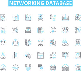 Fototapeta na wymiar Networking database linear icons set. Connect, Collaboration, Relationships, Communication, Contacts, Sharing, Data line vector and concept signs. Integration,Synthesis,Exchange outline illustrations