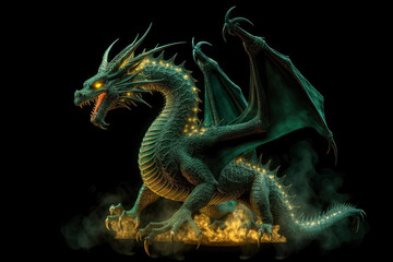 Obraz premium Full length green fire breathing dragon surrounded by flame and smoke isolated on black background. Symbol of 2024. Chinese New Year. Dragon image. High definition. Generative AI, human enhanced