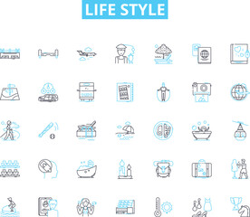 Life style linear icons set. Fitness, Health, Wellness, Relaxation, Meditation, Mindfulness, Nutrition line vector and concept signs. Self-care,Serenity,Hydration outline illustrations