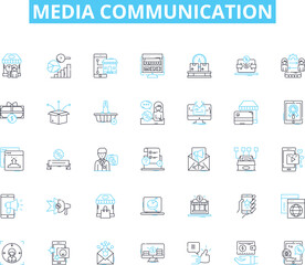 Media communication linear icons set. Broadcasting, Journalism, Advertising, Publicity, Messaging, Content, Propaganda line vector and concept signs. Outreach,Narrative,Multimedia outline
