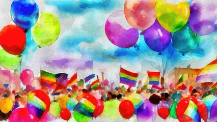 Digital painting of a crowd of people with lgbt flags in rainbow colors, lgbt pride