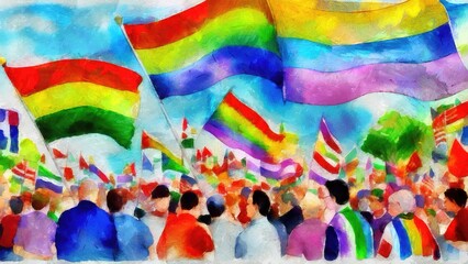 Digital painting of a crowd of people with lgbt flags in rainbow colors, lgbt pride