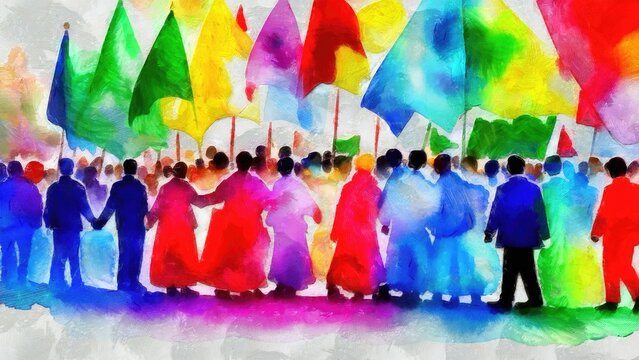 Digital painting of a crowd of people with lgbt flags in rainbow colors, lgbt pride