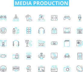 Media production linear icons set. Film, Video, Audio, Multimedia, Podcast, Broadcasting, Recording line vector and concept signs. Cinematography,Post-production,Editing outline illustrations