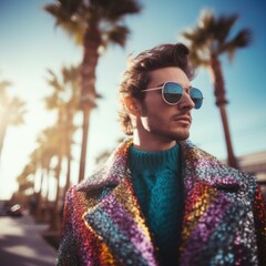 Attractive man wearing sunglasses and stylish jacket with palm trees in background, generative ai