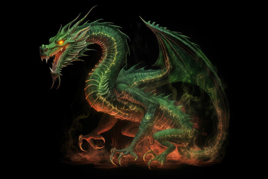 Full length green fire breathing dragon surrounded by flame and smoke isolated on black background. Symbol of 2024. Chinese New Year. Dragon image. High definition. Generative AI, human enhanced