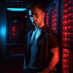 Attractive man standing in computer server room, generative ai