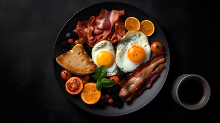 Plate with breakfast. Fried eggs with bacon, bread and fruits. Generative AI.