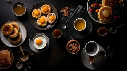 Breakfast on the dark background. Pancakes, tea, sauce, berries and honey. Geveraive. AI.