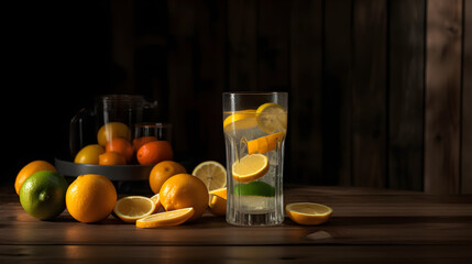 Glass of lemonade on a wooden table with fruits and dark background. Generative AI.