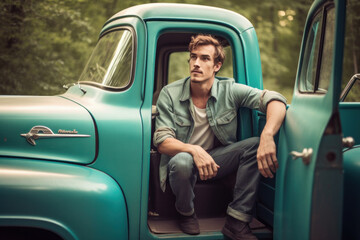 Man sitting in vintage truck, generative ai