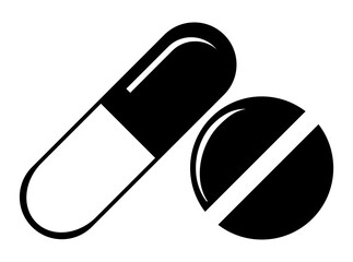 Medicine pills symbol illustration, black on white background