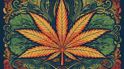 Generative AI bold and vibrant poster design features a trippy and psychedelic cannabis leaf