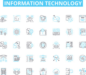 Information technology linear icons set. Digital, Nerk, Cloud, Cybersecurity, Coding, Analytics, Web line vector and concept signs. Database,Hardware,Software outline illustrations