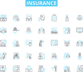 Insurance linear icons set. Coverage, Premium, Liability, Claim, Policy, Deductible, Protection line vector and concept signs. Accident,Risk,Reimbursement outline illustrations